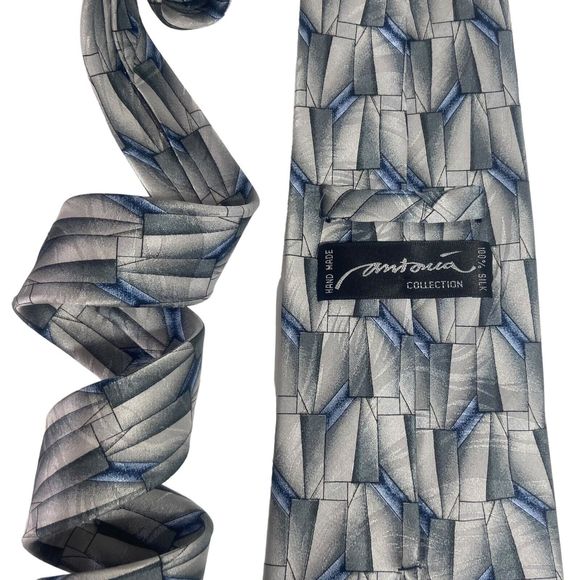 Antonia Collection Men's Fashionable 100% Silk Necktie Tie Grey Blue Geometric - Picture 2 of 7